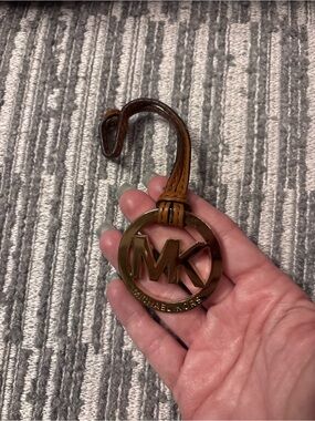 Michael Kors Gold-Tone MK Logo Key Ring with Brown Leather Strap
